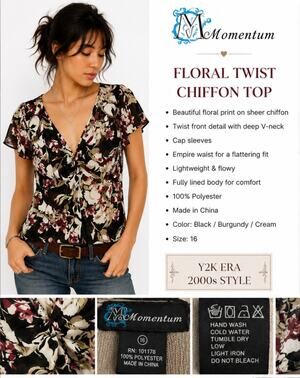 Y2K Romantic Momentum Women's Floral Twist Chiffon Top Size 16 Black Burgundy